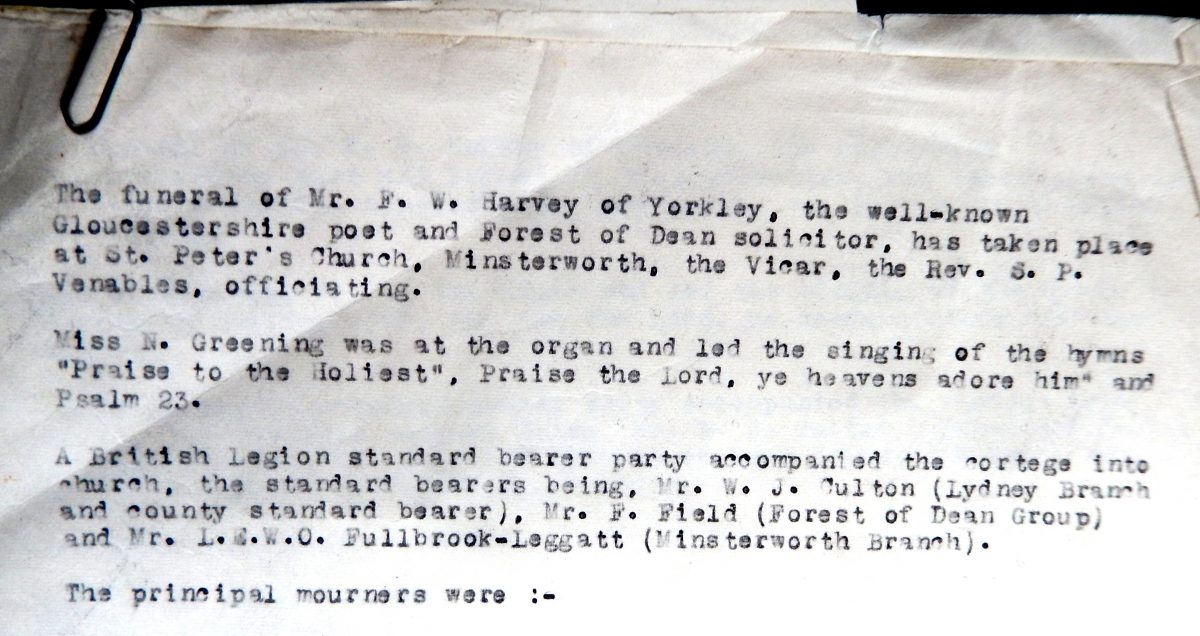 An extract from FW Harvey funeral report 1957